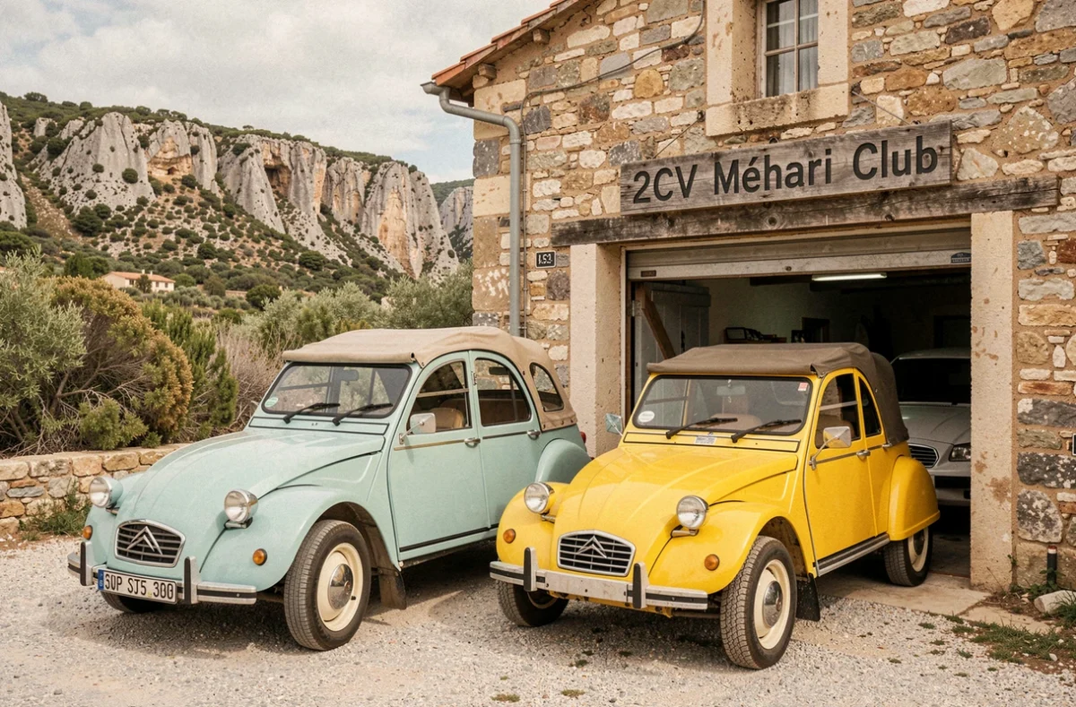 Une Citroën 2CV et une Méhari garées devant le club 2CV Méhari de Cassis avec un décor de falaises provençales