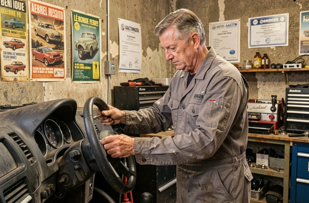 Technicien indépendant inspectant la direction d'un SUV soulevé dans l'atelier AACTO Obringer à Caen dans le Calvados