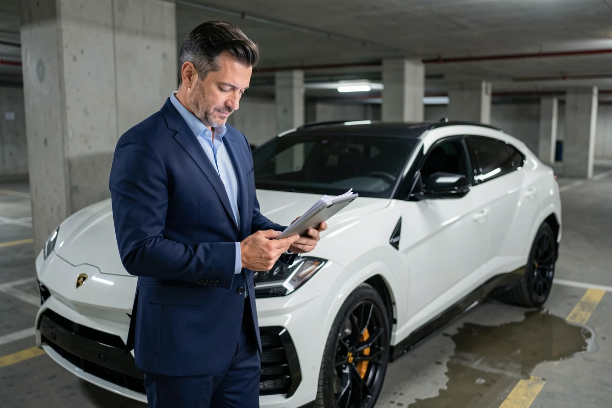 Homme d'affaires consultant des documents fiscaux à côté d'une Lamborghini Urus blanche dans un parking privé, représentant l'achat en société et le malus écologique