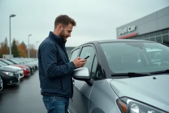 Homme inspectant une voiture d'occasion dans un parc automobile en consultant son smartphone pour comparer les offres en ligne