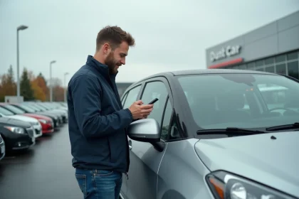 Homme inspectant une voiture d'occasion dans un parc automobile en consultant son smartphone pour comparer les offres en ligne