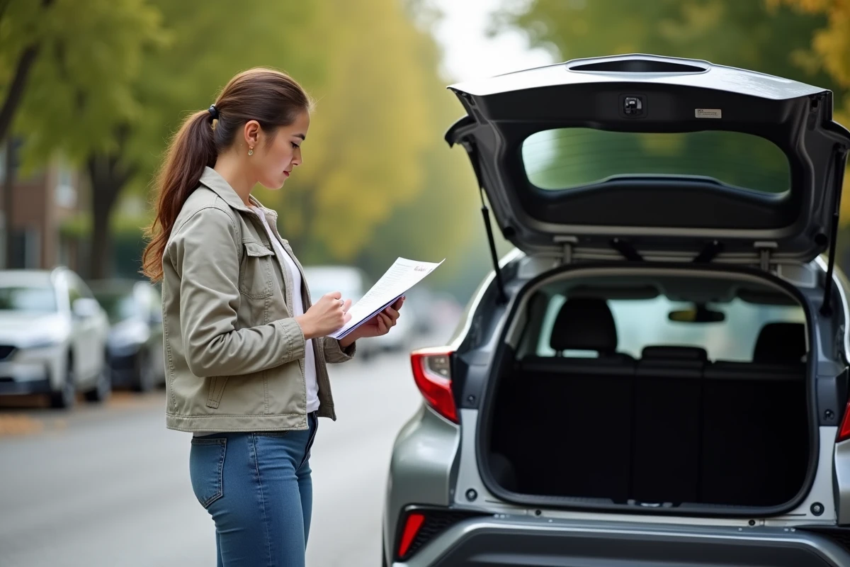 Une acheteuse vérifiant le joint de coffre et l'étanchéité du hayon d'un Toyota C-HR avant achat