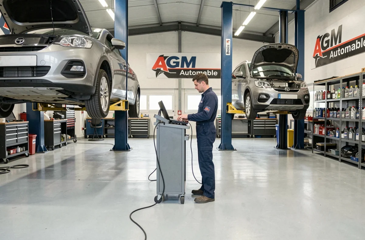 Atelier intérieur du garage indépendant AGM Automobile à Blois, avec deux véhicules sur pont et un mécanicien utilisant un outil de diagnostic informatisé