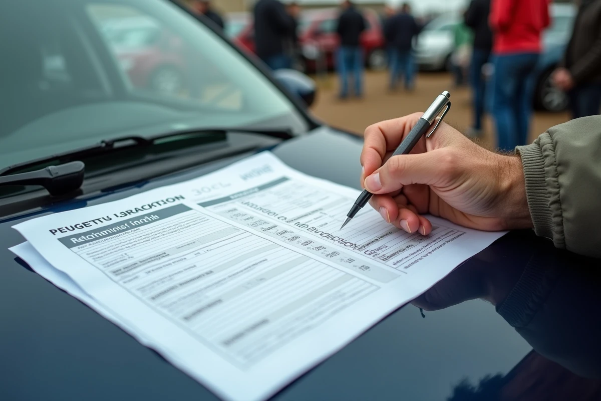 Gros plan sur une annonce de Peugeot 306 avec annotations manuscrites et incohérences de kilométrage lors d'une vente informelle