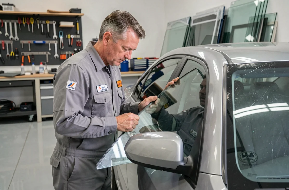 Technicien vitrage automobile posant un pare-brise neuf sur une berline dans l'atelier A+Glass Caussade