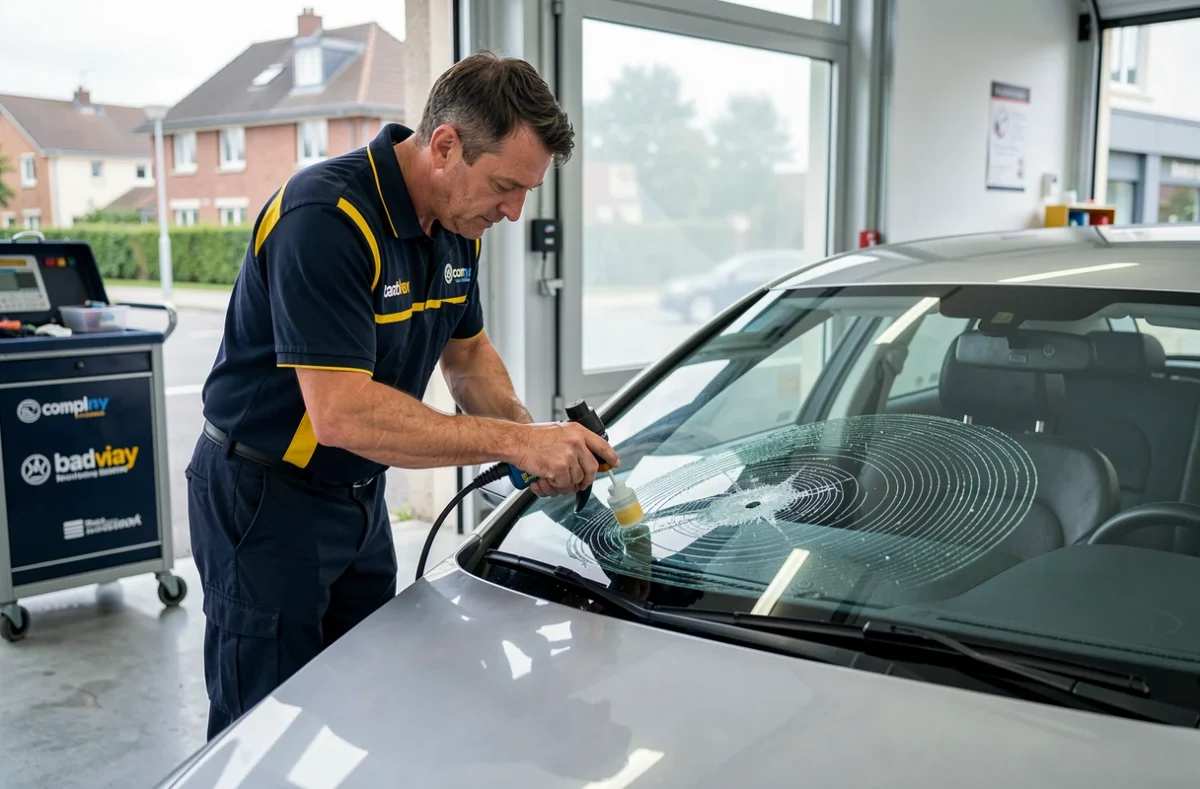 Technicien A+Glass Montauban Sud réparant un impact sur le pare-brise d'un véhicule dans un point de service urbain