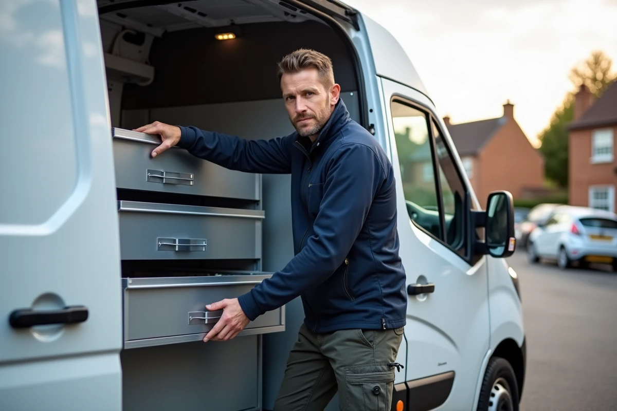 Artisan accédant aux tiroirs de rangement coulissants dans l'habitacle d'un Renault Master aménagé