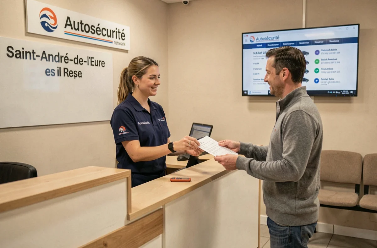 Technicienne du réseau Autosécurité remettant les documents de contrôle à un client au centre de Saint-André-de-l'Eure