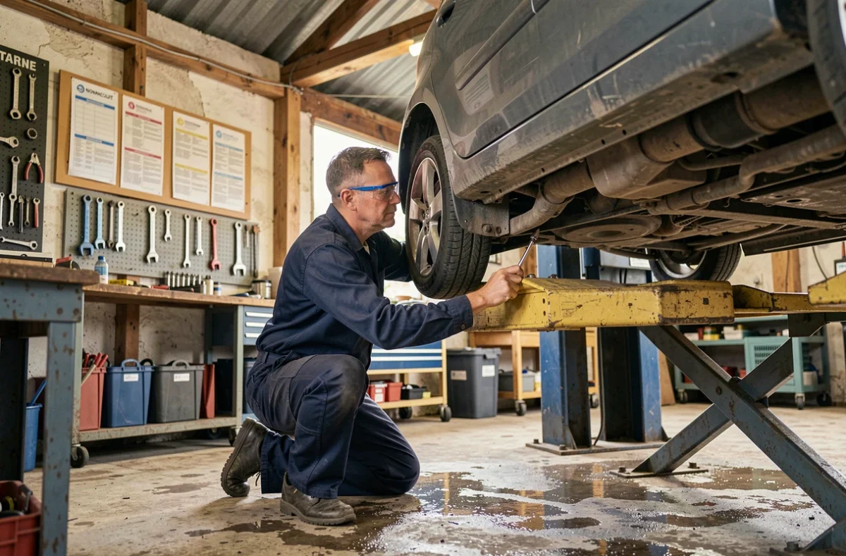 Technicien effectuant un contrôle technique sous une voiture surélevée dans un garage à Nonancourt dans l'Eure