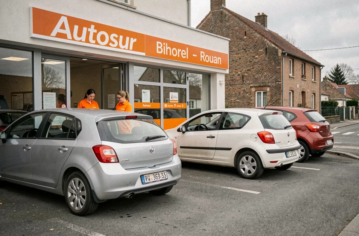 Centre Autosur de Bihorel avec une technicienne en uniforme orange vérifiant une plaque d'immatriculation devant le bâtiment dans l'agglomération rouennaise