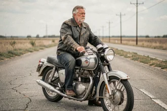 Homme en veste de cuir noir sur une moto vintage des années 1960 sur une route rurale américaine, ambiance controversée et nostalgique à la Bob Dylan