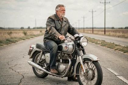 Homme en veste de cuir noir sur une moto vintage des années 1960 sur une route rurale américaine, ambiance controversée et nostalgique à la Bob Dylan