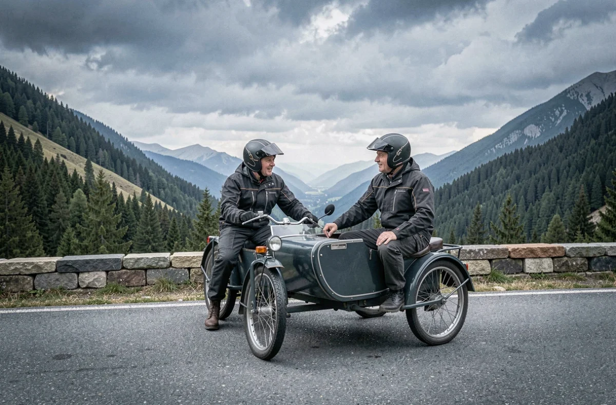 Deux motards en pause sur un col de montagne avec leur side-car, appliquant les bonnes pratiques de conduite en duo