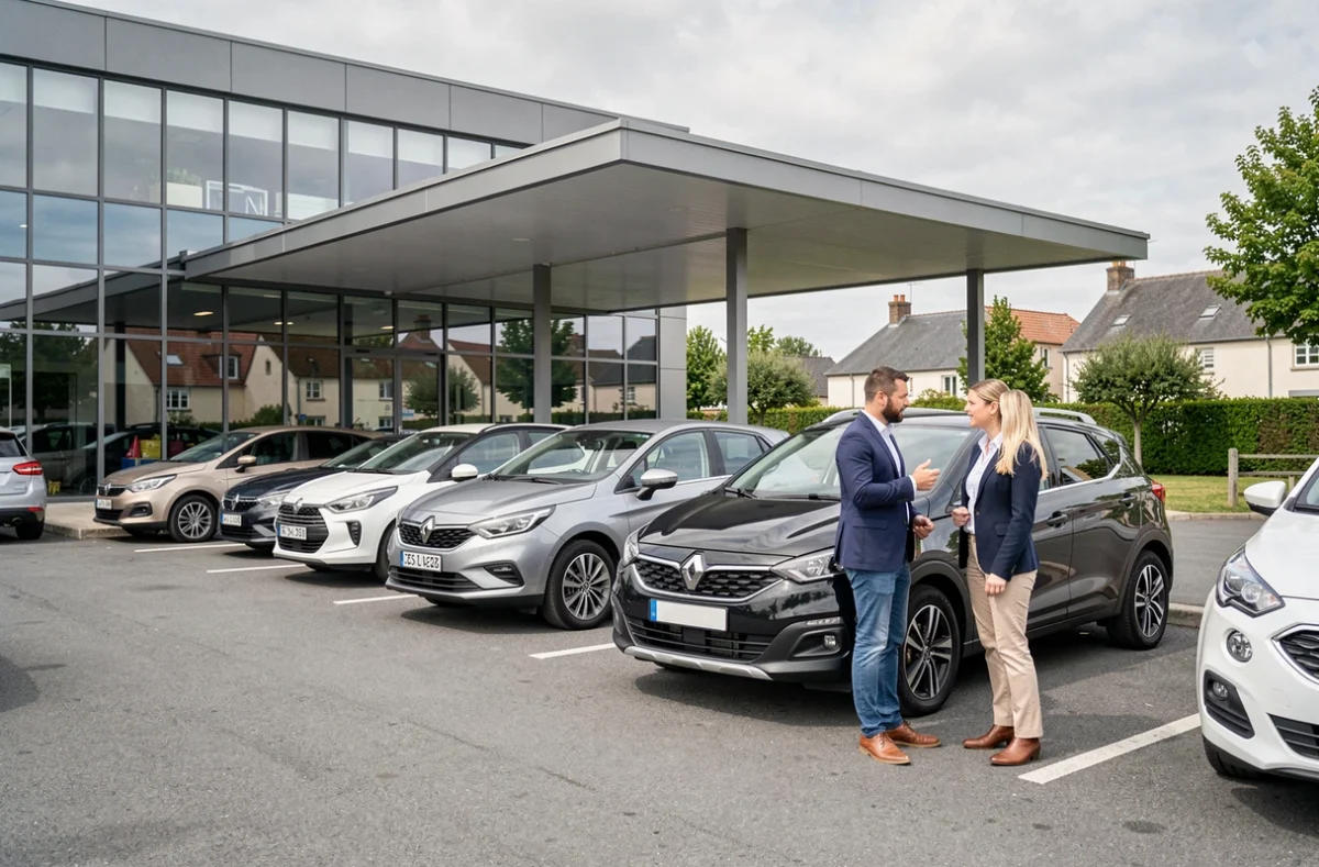 Parvis de BRC Automobiles avec véhicules d'occasion exposés et conseiller commercial accueillant des clients