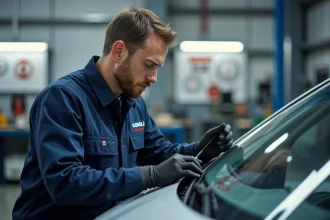 Technicien automobile calibrant une caméra ADAS sur un pare-brise dans un atelier de remplacement de vitrage professionnel