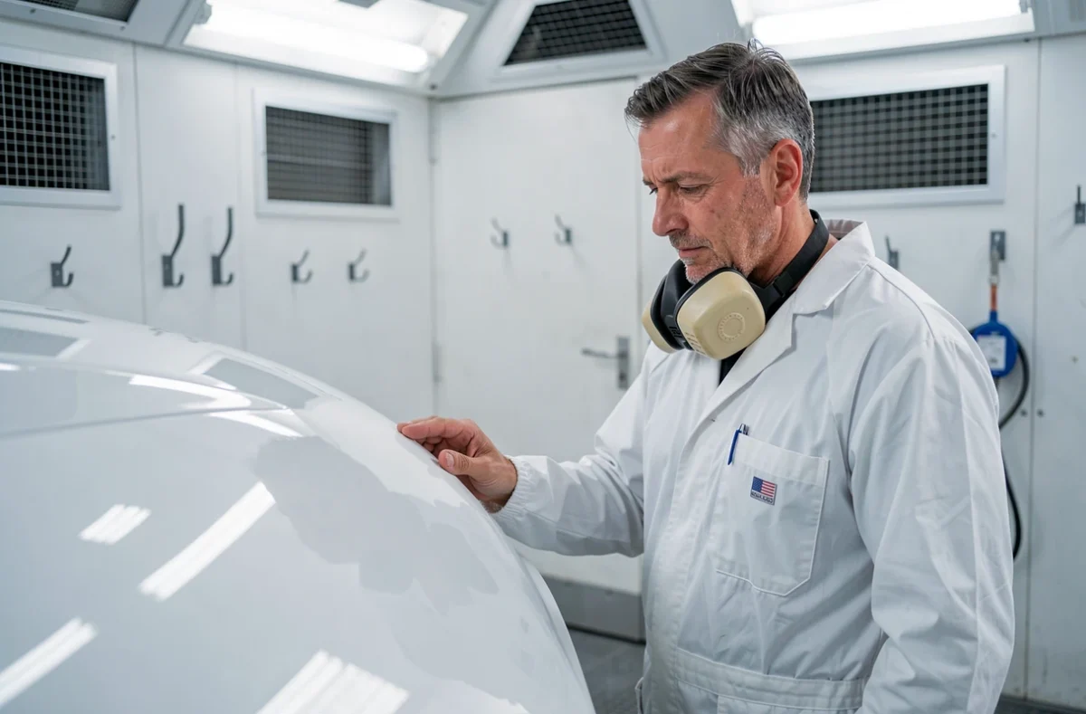 Spécialiste en carrosserie de la Carrosserie Rouges inspectant une peinture automobile fraîche dans une cabine de peinture
