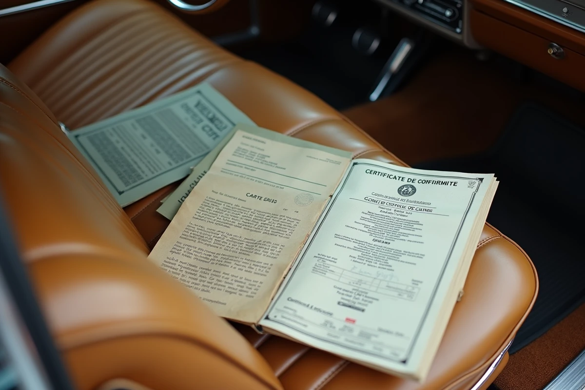 Documents d'homologation et carte grise française posés sur la banquette en cuir beige d'une Chevrolet Impala 1967