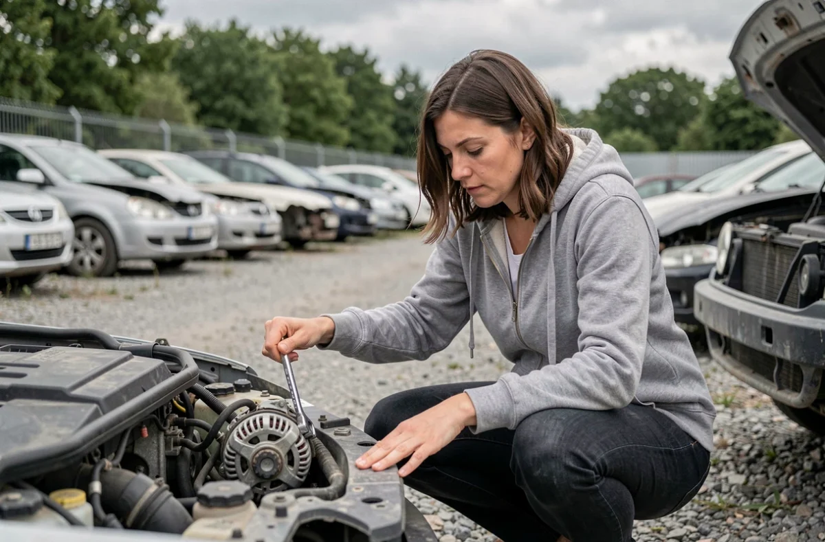 Femme retirant une pièce mécanique elle-même dans une casse auto libre-service en Essonne, économies sur la réparation voiture