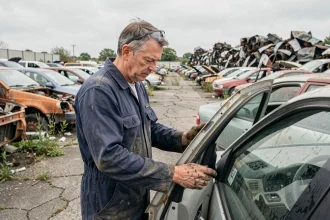 Mécanicien inspectant une pièce détachée dans une casse automobile en Essonne, rangées de véhicules accidentés à l'arrière-plan