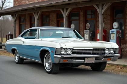 Chevrolet Impala 1967 automatique vue 3/4 avant garée devant un garage américain vintage avec pompes à essence anciennes