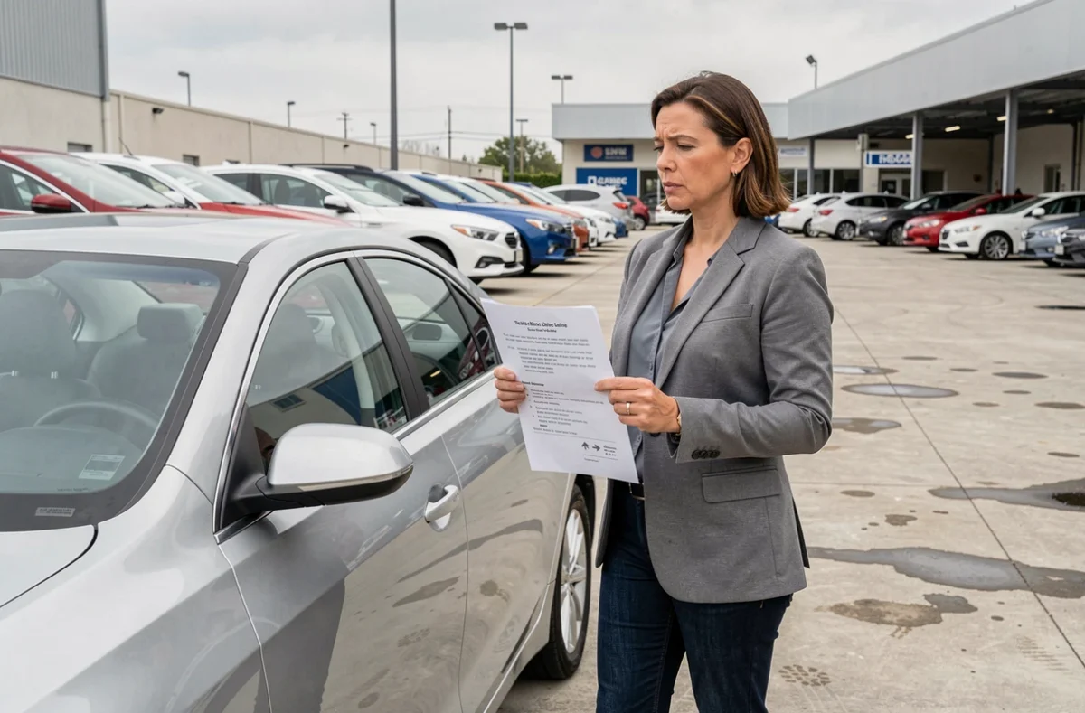 Femme comparant des avis Aramisauto sur papier dans un parking de concession automobile, approche critique et informée