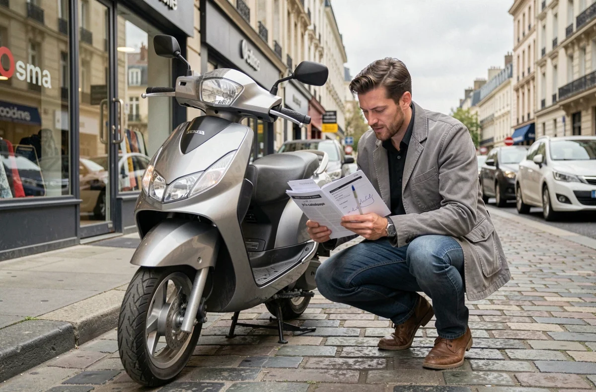 Homme comparant le prix catalogue et le prix réel payé d'un scooter Honda 125 devant une concession