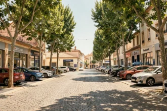 Vue panoramique d'une rue de concessionnaires automobiles dans les Bouches-du-Rhône avec des véhicules exposés sous le soleil provençal