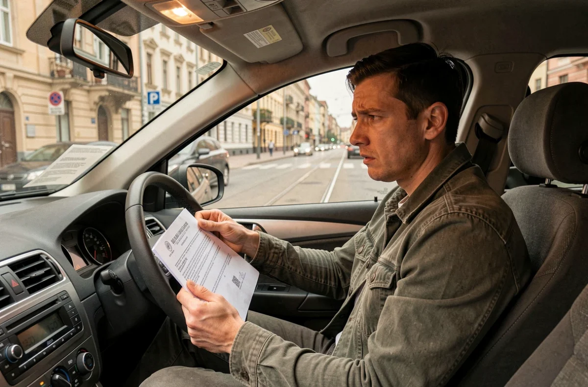 Conducteur inquiet consultant un avis d'amende lié à une plaque d'immatriculation UA non conforme