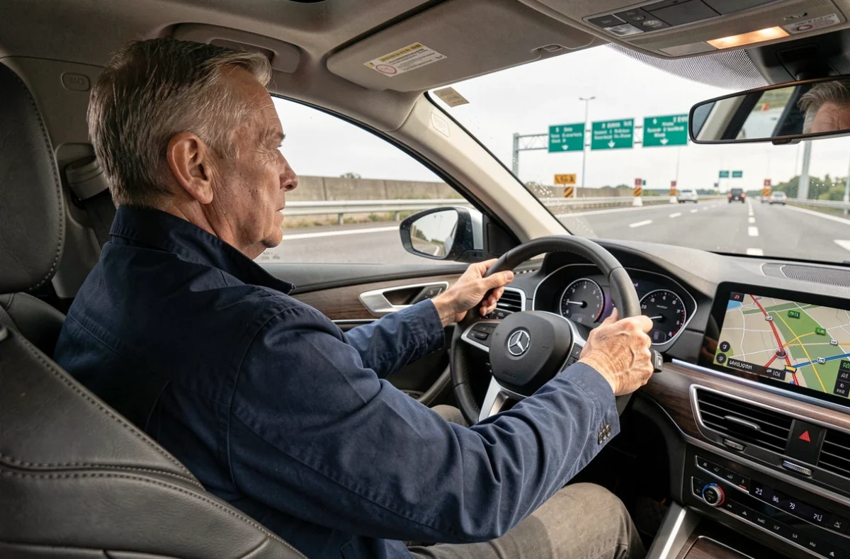 Conducteur au volant sur une autoroute française consultant un GPS avec carte des routes nationales