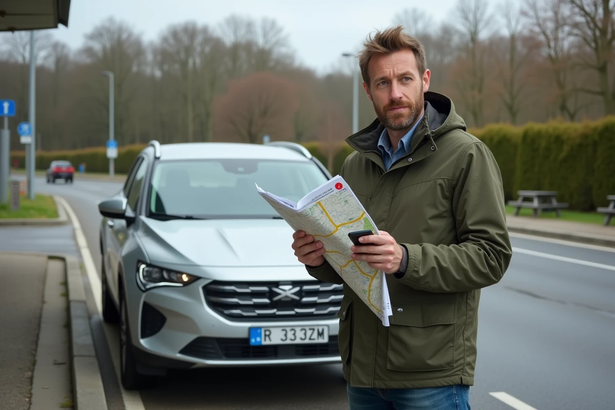 Conducteur français debout près d'un SUV avec plaque turque TR dans une aire d'autoroute, consultant une carte et son téléphone