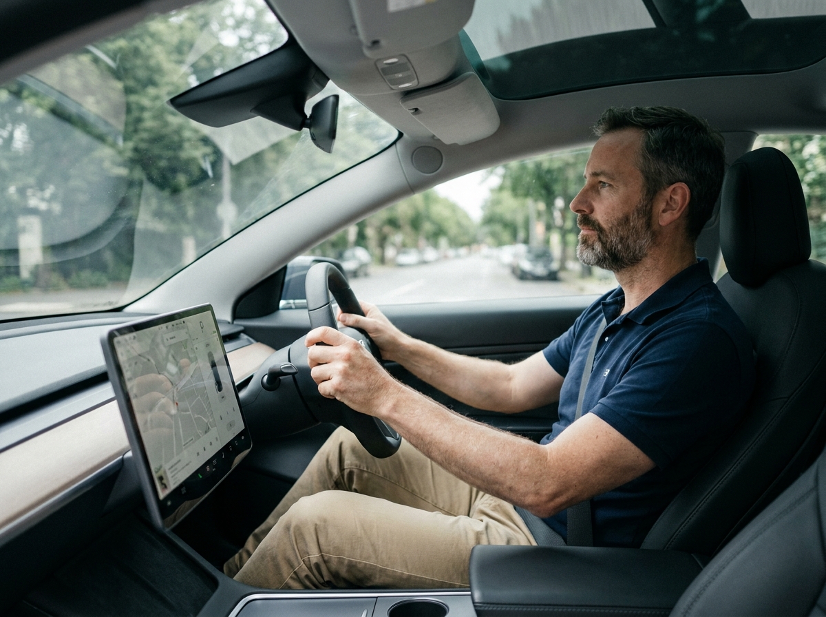 Homme au volant d'une voiture électrique avec tableau de bord numérique sur route urbaine