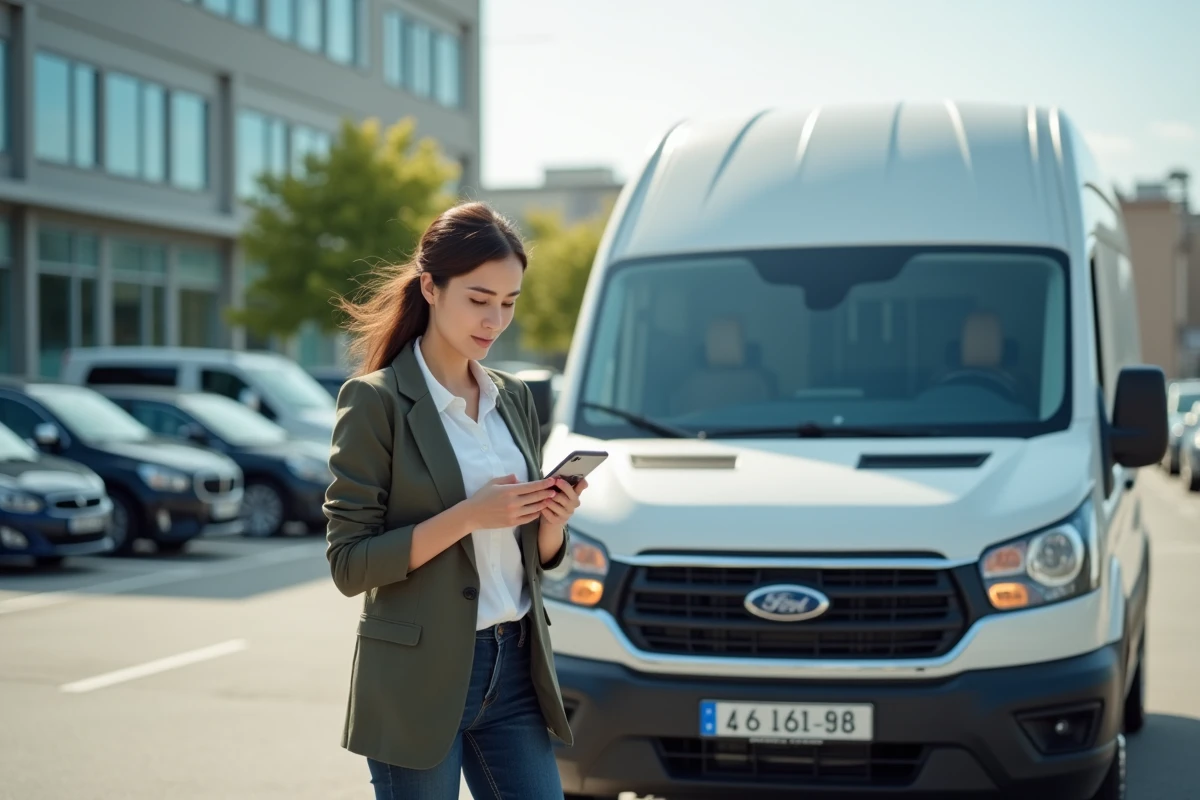 Jeune conductrice v&eacute;rifiant un QR code sur sa voiture