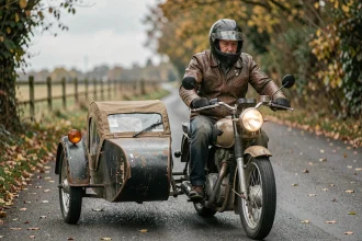 Motard expérimenté conduisant un side-car sur une route de campagne sinueuse en adoptant une posture de conduite corrigée