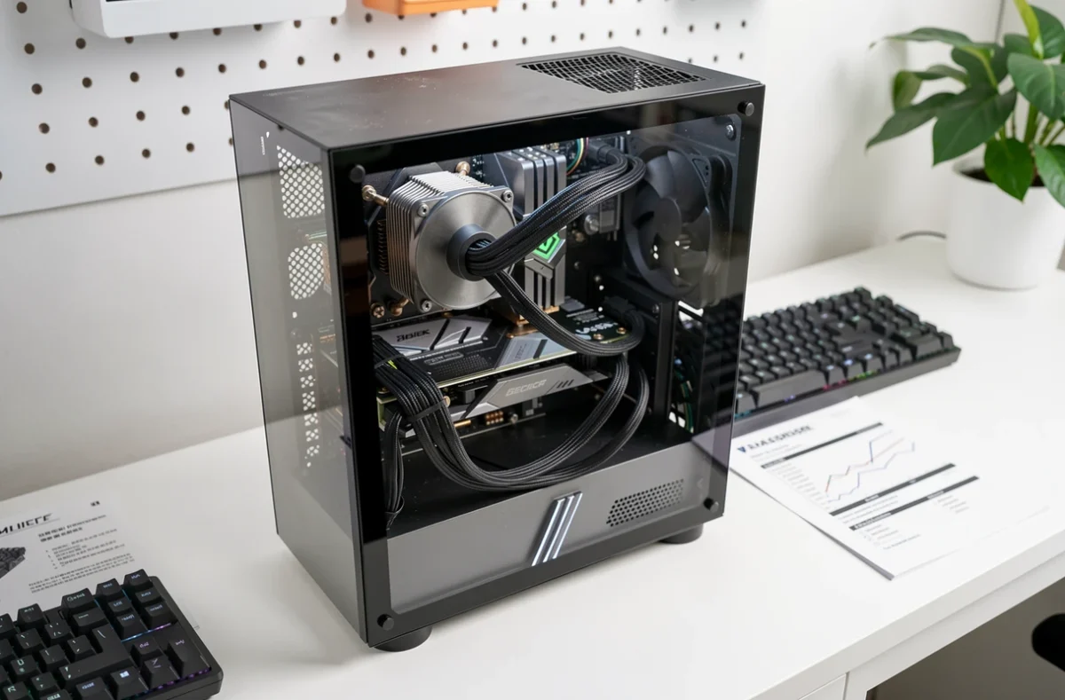 Configuration PC gaming haute performance avec GPU visible et câblage soigné pour Assetto Corsa 2026