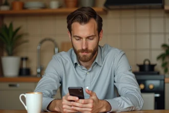 Homme consultant son solde de points de permis de conduire sur une application mobile ANTS dans sa cuisine