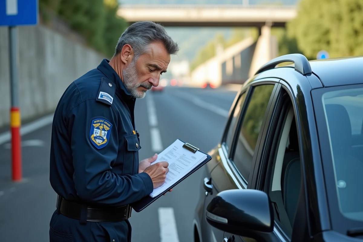 Agent de contrôle frontalier français inspectant les documents d'un conducteur avec une plaque turque TR à un poste-frontière