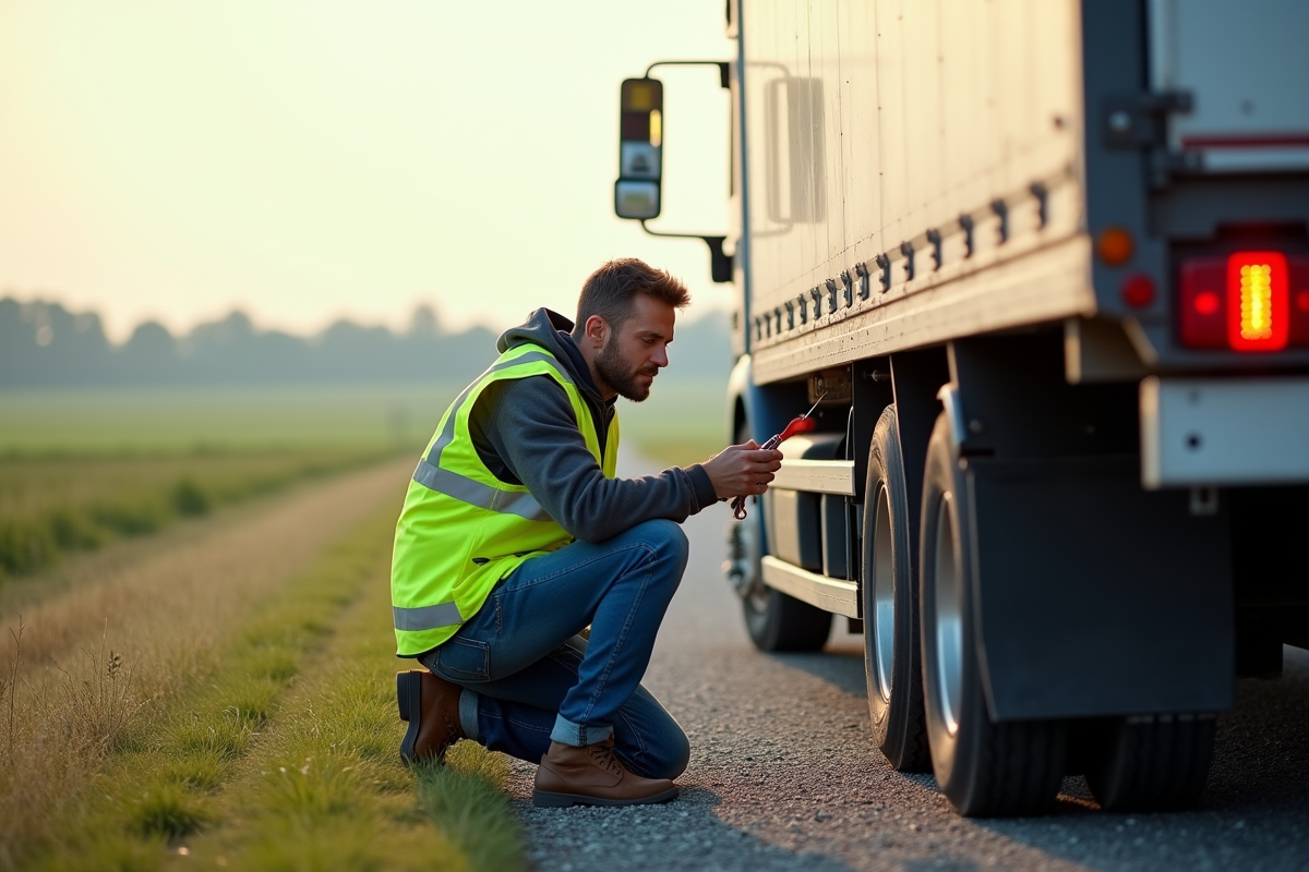 Homme vérifiant les feux de remorque en campagne