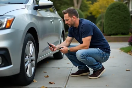 Homme v&eacute;rifiant la pression d'un pneu de voiture &agrave; l'ext&eacute;rieur