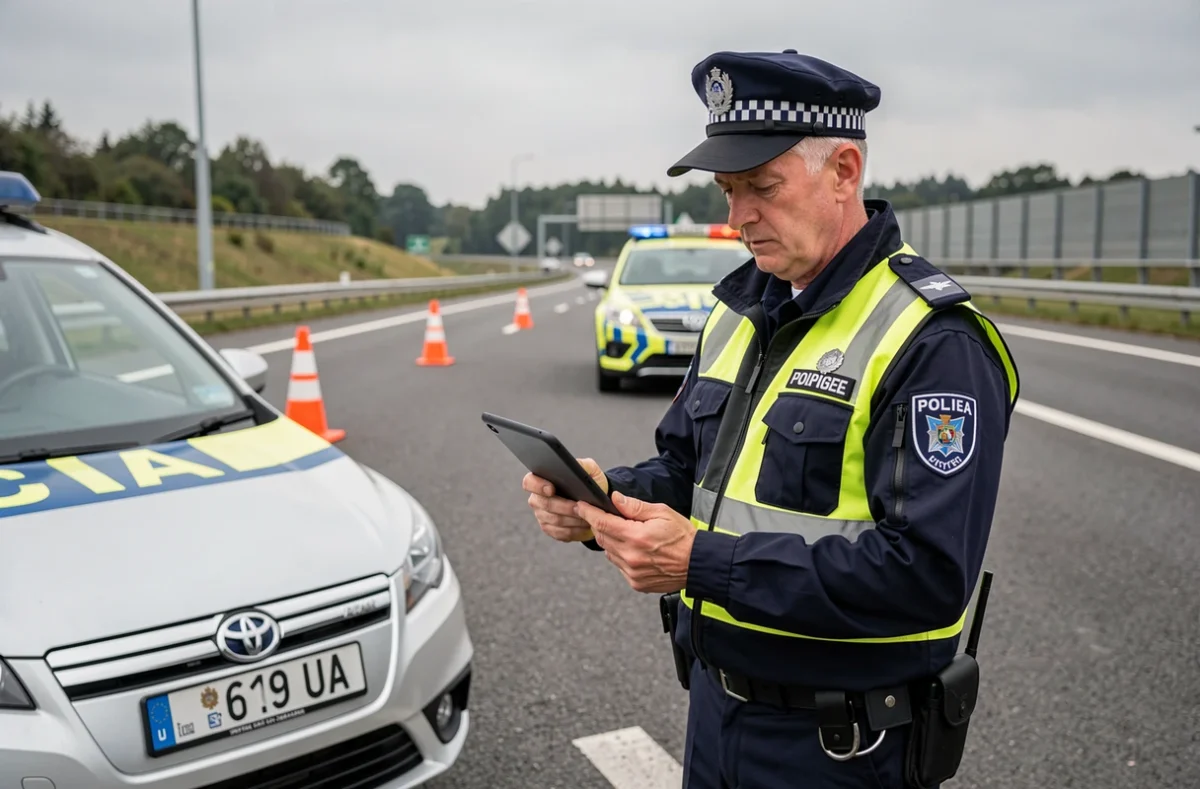 Policier contrôlant une plaque d'immatriculation étrangère UA lors d'un contrôle routier