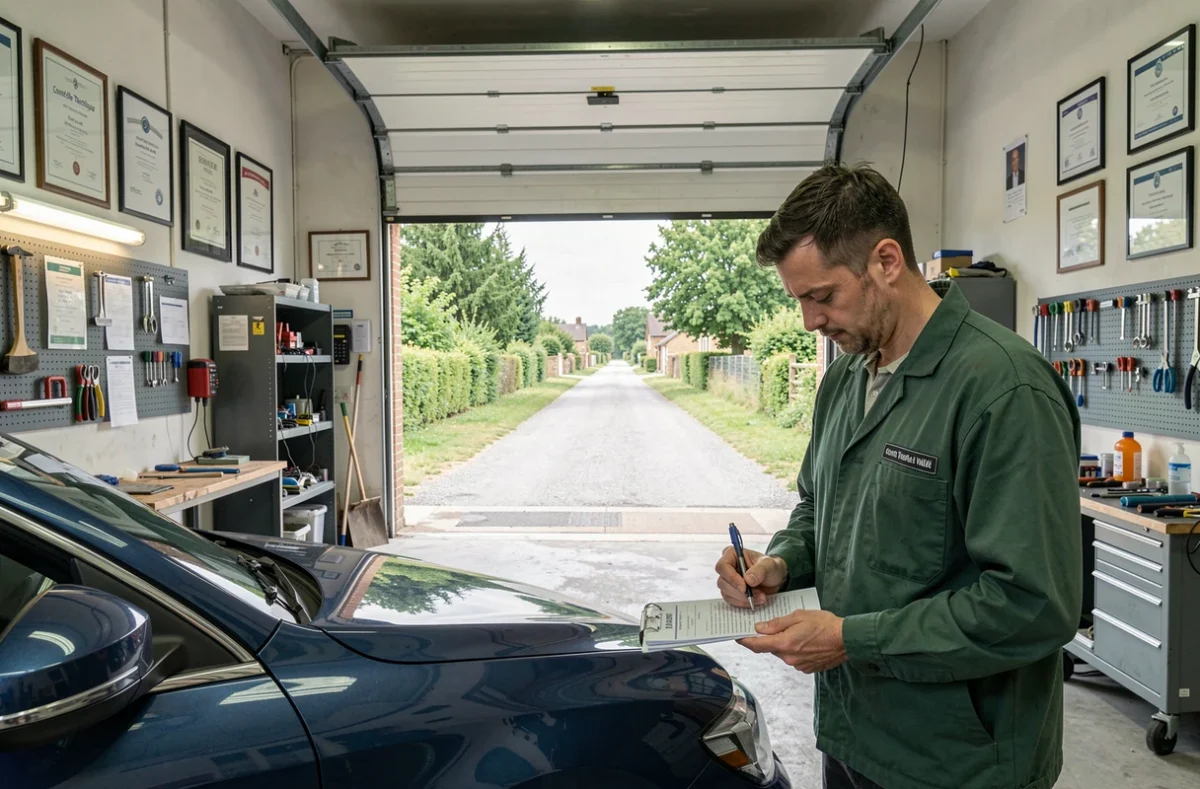 Technicien remplissant une fiche de contrôle à côté d'un break foncé dans le garage Contrôle Technique de la Vallée à Romilly-sur-Andelle dans l'Eure