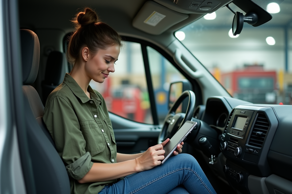 Jeune femme vérifiant des mesures dans la cabine d’une camionnette