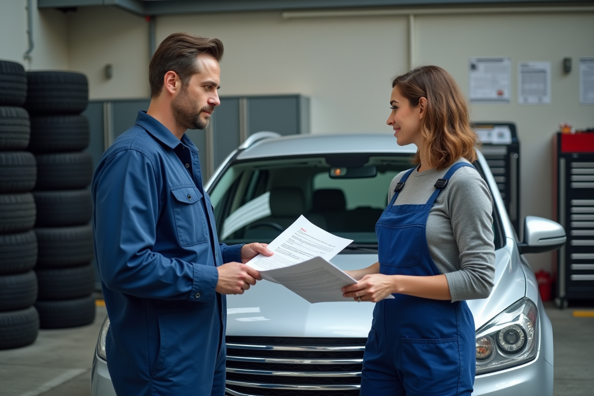 Mecanicien remettant documents d inspection a une femme