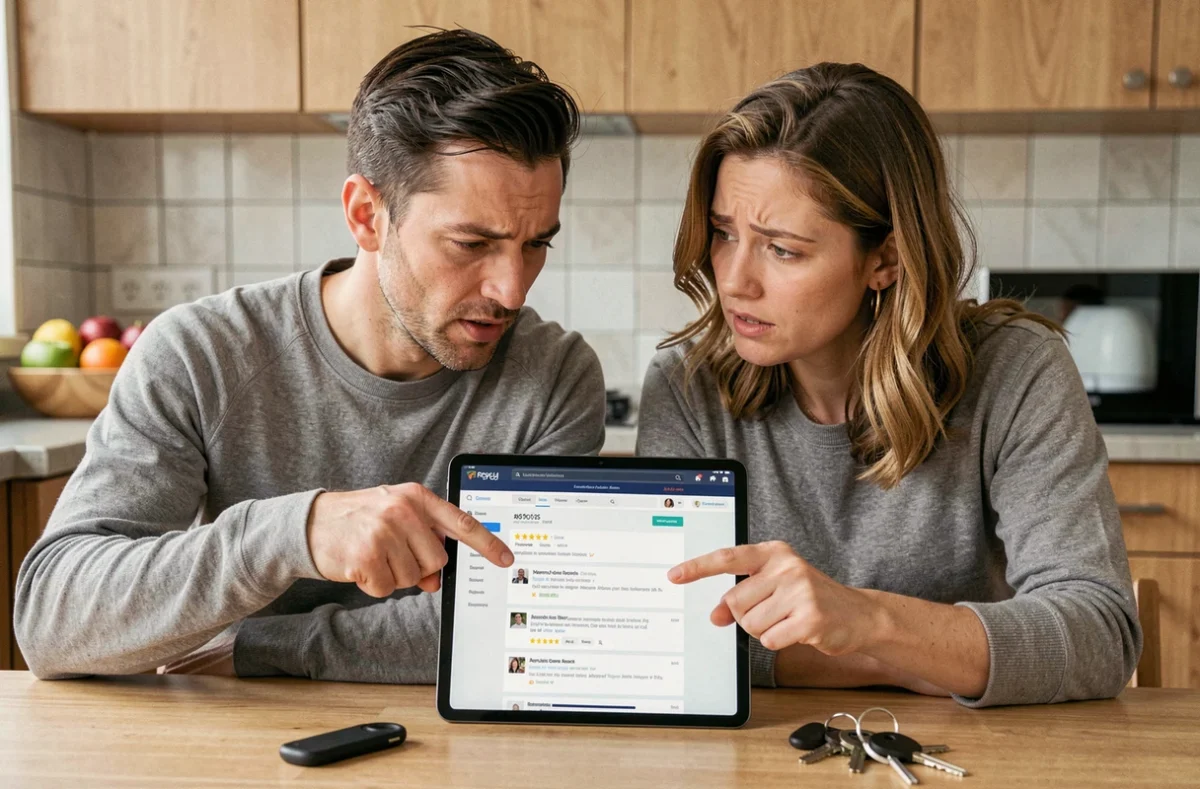 Couple analysant ensemble des avis consommateurs sur une tablette dans une cuisine moderne, discussion avant achat automobile