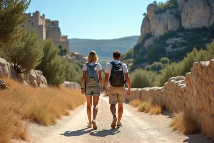 Couple marchant vers le village des Baux-de-Provence depuis le parking, chemin en pierre et falaises calcaires en arrière-plan