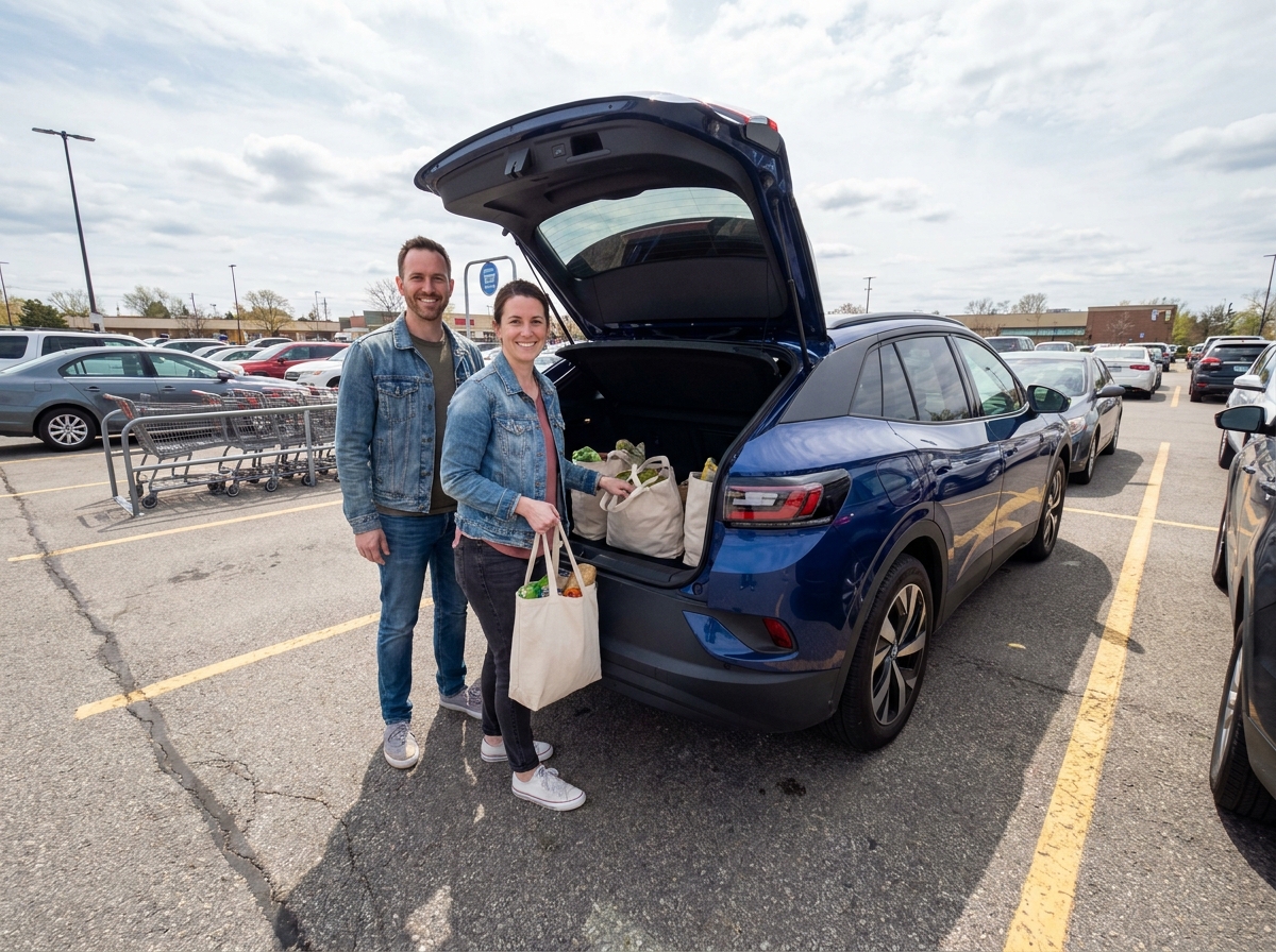 Couple chargeant des courses dans le coffre d'un SUV électrique dans un parking de supermarché