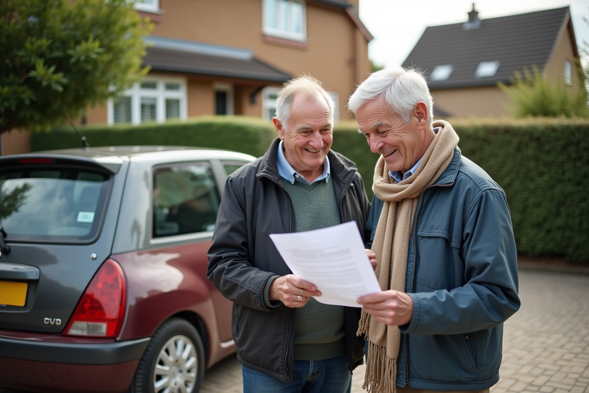 Couple agee examinant rapport d inspection devant leur voiture