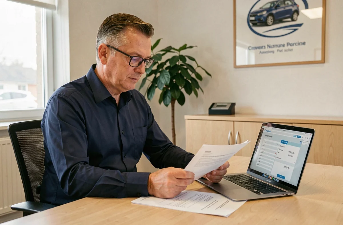 Courtier en assurance examinant une prime d'assurance pour un véhicule diesel Renault dans un bureau professionnel