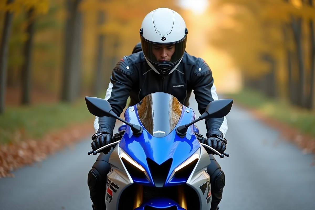 Jeune pilote débutant assis sur une Suzuki GSX 600 R bleue sur une route de campagne en automne