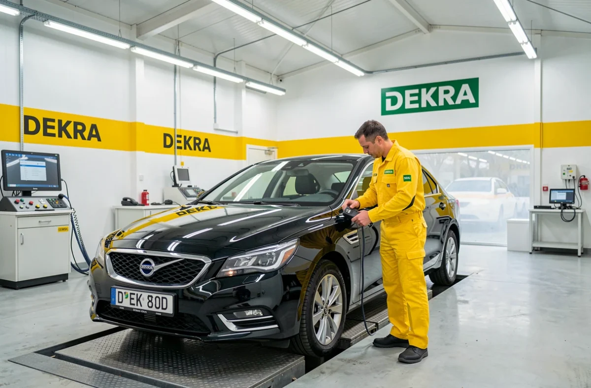 Technicien en uniforme DEKRA connectant un outil de diagnostic OBD à une berline noire dans le centre DEKRA Bonnet à Caen