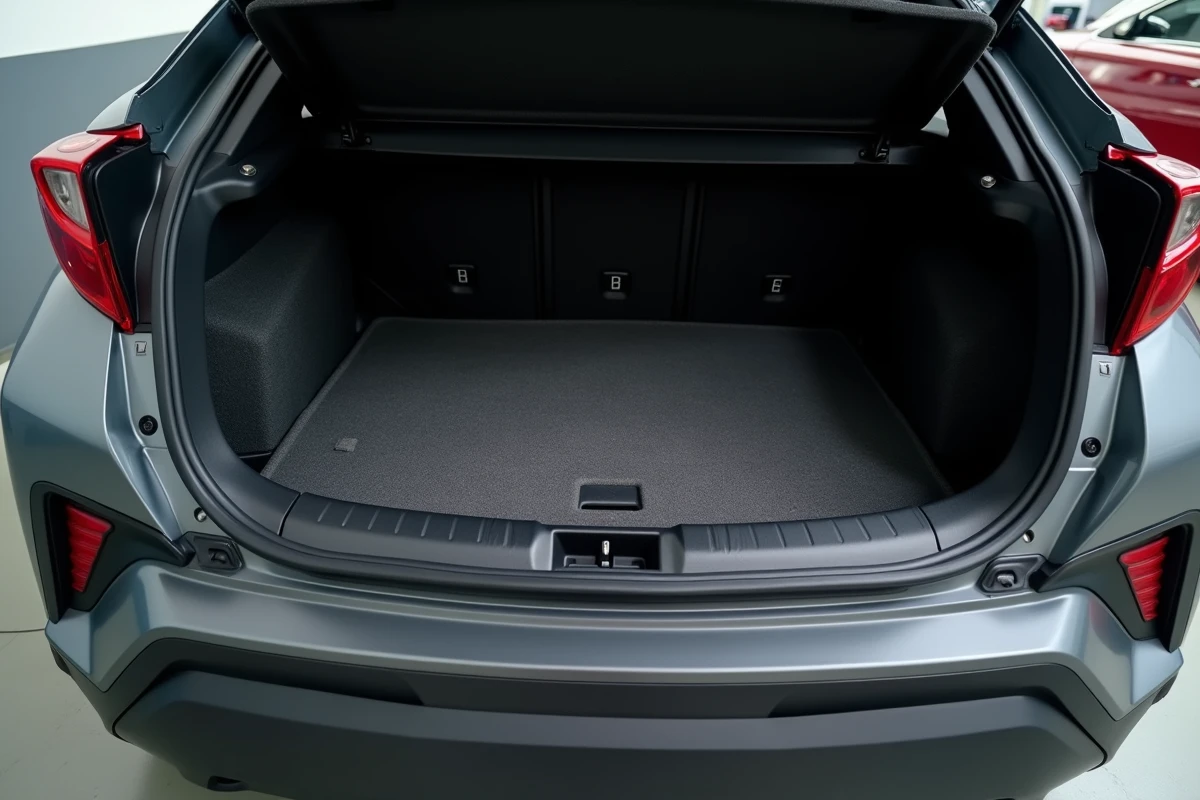 Vue détaillée de l'intérieur du coffre d'un Toyota C-HR d'occasion montrant l'usure du revêtement